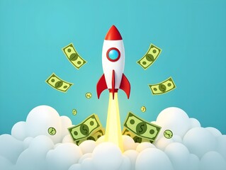Rocket launching with money bills in a flat and vibrant illustration