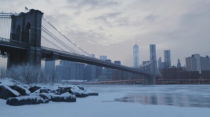 Fototapeta premium The iconic suspension bridge swathed in snow, leading over a frozen river toward the city, with the winter storm's chill still lingering. 