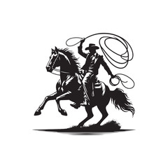 Vintage Cowboy Throwing Lasso Vector Silhouette, Western Rodeo, Lasso Action, Cowboy Stunt, Old West, Rodeo Rider, Wild West
