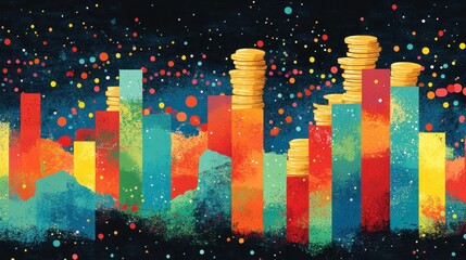 Abstract Financial Growth Colorful Chart with Coins and Sparkles Artistic Rendition for Economic Success and Investment