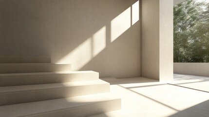 Obraz premium Modern stairs, sunlit interior, garden view, minimalist design, home decor