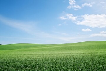 Naklejka premium Scenic view of green rolling hills stretching towards the horizon under a vibrant blue sky dotted with fluffy white clouds, creating a peaceful and idyllic countryside landscape