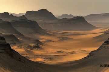Vast desert mountainscapes.  Sunrise or sunset light illuminates dramatic canyons and ridgelines