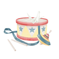 A child's drum with sticks and a colorful spinning top. Watercolor illustration. A fun toy for toddlers that stands out against a white background. Paper crane from a notebook leaf on a drum