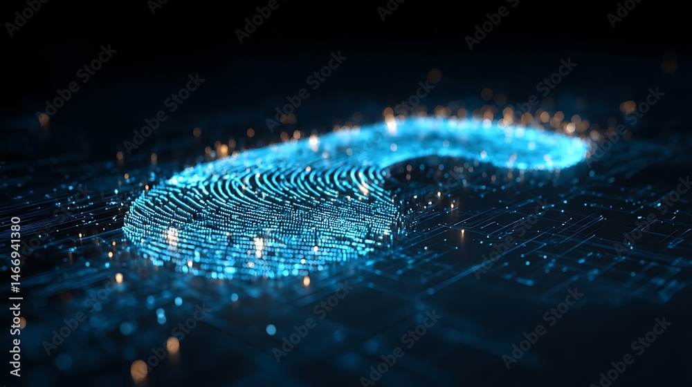 Poster Digital identity and cyber footprint tracking in the virtual world, a conceptual image of a digital fingerprint forming a footprint, symbolizing one, s online presence and data trail