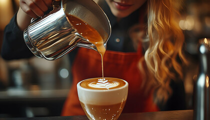 Barista Pouring Milk into Latte Art Coffee Cup