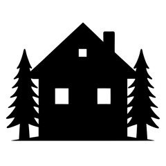 Stylized silhouette of a cozy house nestled amidst tall evergreen trees