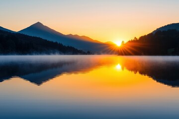 Obraz premium Golden sunrise illuminating serene mountain lake with gentle mist