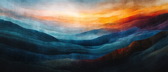 A painting of a mountain range with a bright orange sky