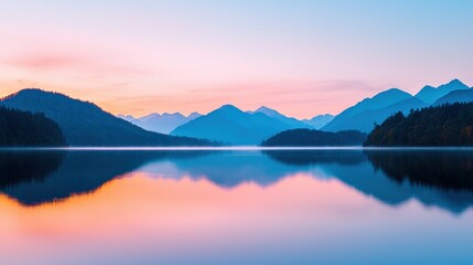 Fototapeta premium Vibrant sunrise reflecting on tranquil mountain lake with ethereal mist