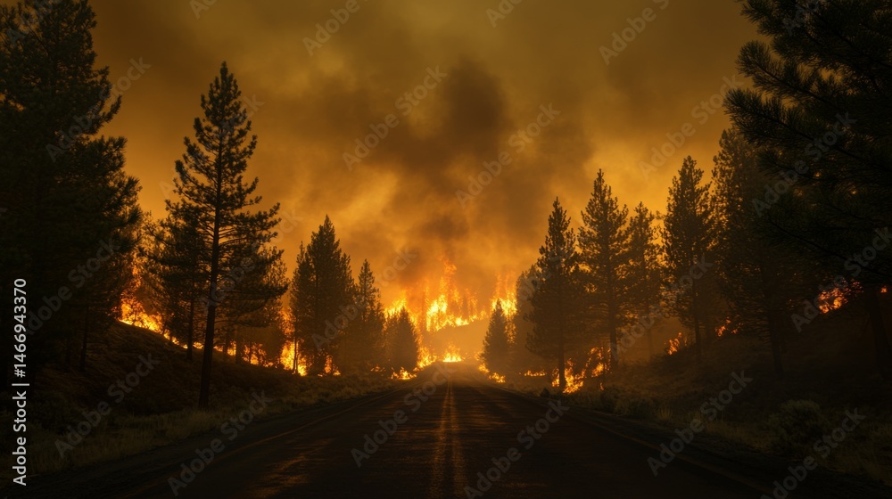 Poster a haunting view of a forest road lined with smoke from a nearby wildfire, with trees silhouetted aga