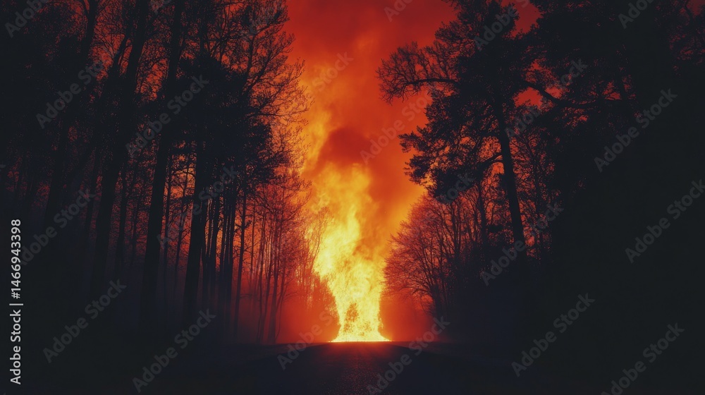 Poster a haunting view of a forest road lined with smoke from a nearby wildfire, with trees silhouetted aga