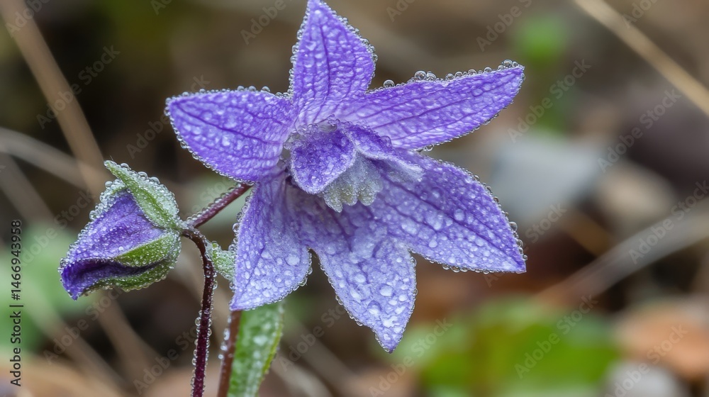 Poster a macro perspective of a violet flower with dew-covered petals, showcasing the intricate textures an