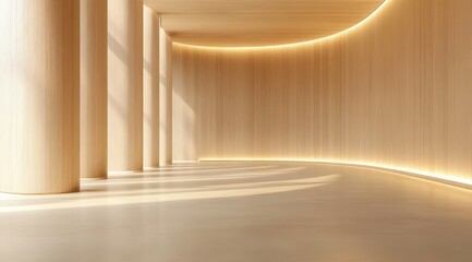 Obraz premium Sunlit wooden hall with curved walls and columns