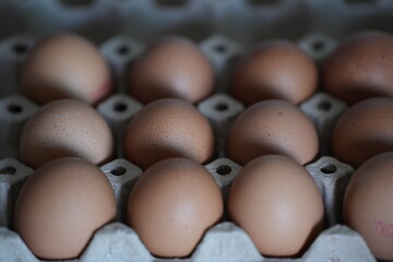 Brown chicken eggs neatly arranged in a paper tray, ready for cooking