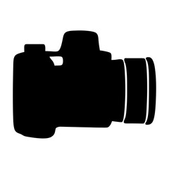 Black silhouette of a modern digital single lens reflex camera pointing right