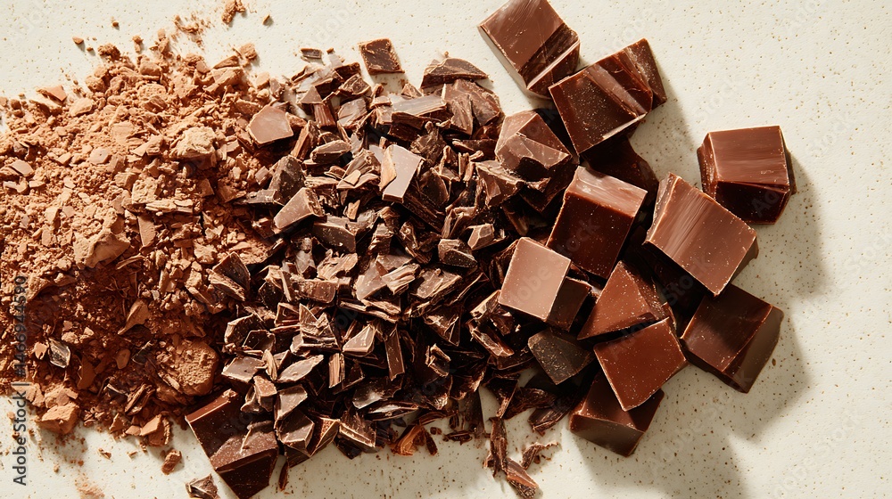 Poster diced and crushed chocolate fragments arranged on a light backdrop, viewed from above