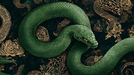 Fototapeta premium Snake Chinese Zodiac in Emerald Green: An emerald green snake, coiled elegantly with a sinuous body, set against a backdrop of intricate Chinese motifs. 