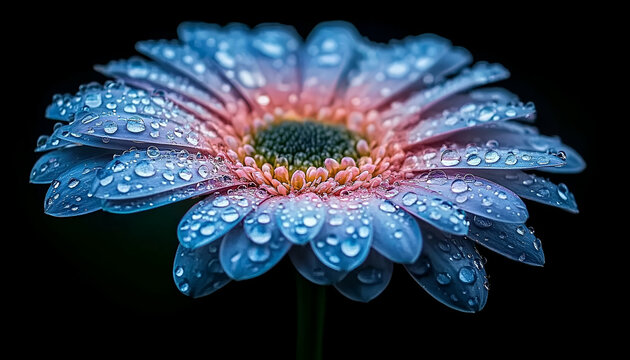 Blue and Pink Gerbera Daisy with Water Droplets on Dark Background