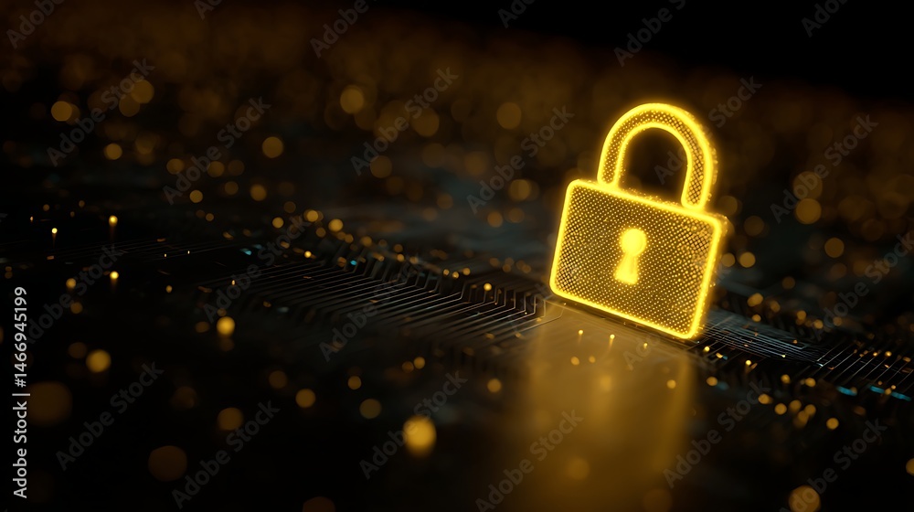 Poster Digital padlock icon in yellow color on a dark background representing the concept of cybersecurity data privacy protection and secure access to online systems and networks
