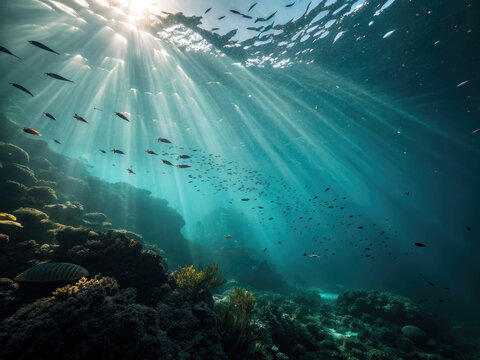 Fond de l'oc&eacute;an ave des rayons de soleil sous l'eau