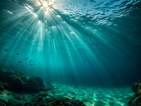 Fond de l'oc&eacute;an ave des rayons de soleil sous l'eau