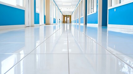 Fototapeta premium Long Bright Corridor with White Tiled Floor and Blue Walls