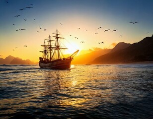 Obraz premium A silhouette of an old sailing ship with tall masts gliding across the sunset ocean