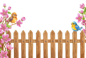 Blue Baby birds sitting on fense with spring sakura flowers. Watercolor illustration for greeting card or invitation..
