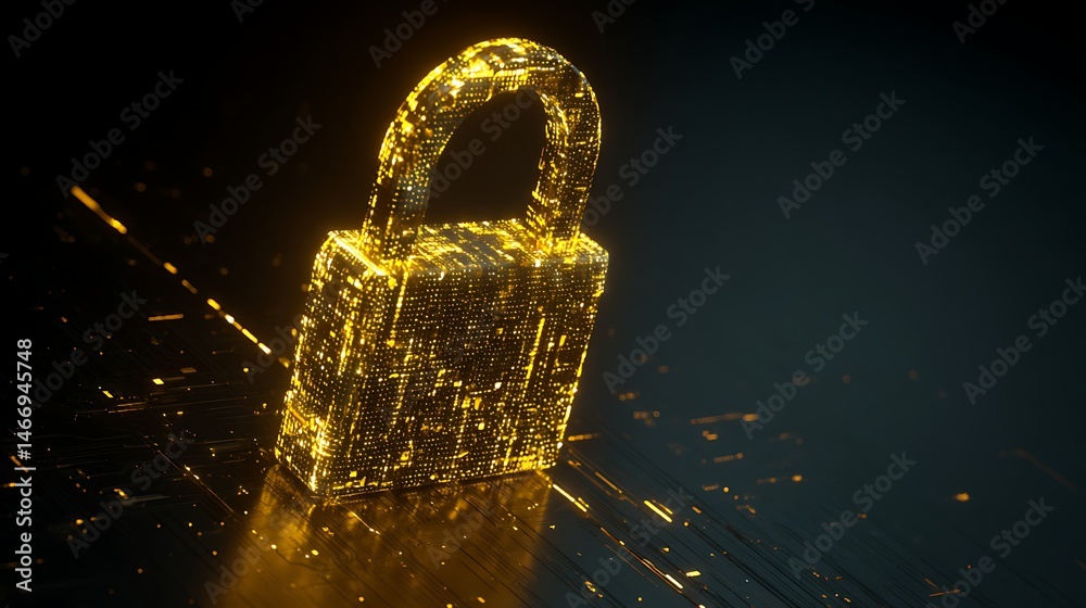 Poster Digital padlock icon in yellow color on a dark background representing the concept of cybersecurity data privacy protection and secure access to online systems and networks