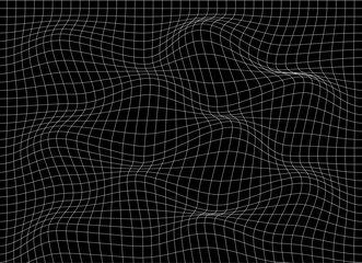 Digital curved distorted grid lines background,distorted wave pattern with the optical illusion on black
