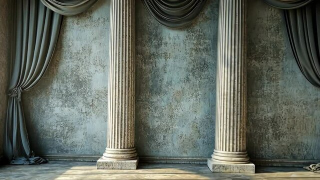 Three classical columns flank a weathered wall, draped with elegant gray curtains, creating a timeless, grand interior scene