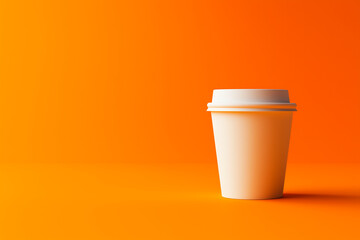 White coffee cup on orange background.