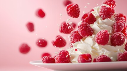 A captivating display featuring a generous heap of soft serve ice cream adorned with fresh raspberries, beautifully captured amidst a flurry of sugar and an artistic, pink backdrop.