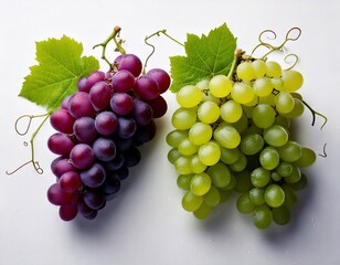 Fototapeta premium Vibrant Grape Varieties: A close-up shot showcases two distinct clusters of plump grapes, one a deep purple and the other a lively green, set against a light backdrop.