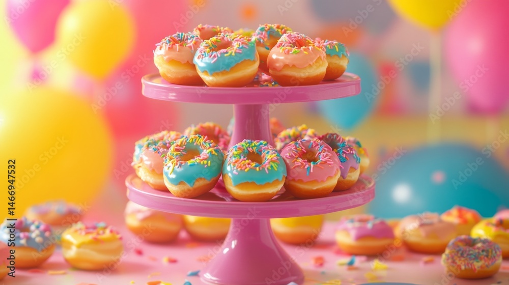 Poster a playful shot of colorful mini donuts arranged on a tiered serving stand, with vibrant decorations 