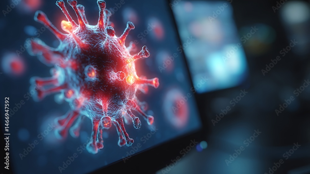 Poster Digital representation of a virus on a computer screen, symbolizing cybersecurity threats and online virus infections