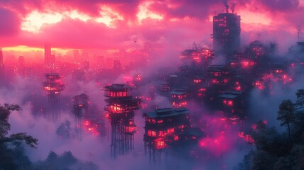 Obraz premium A fantastical, floating city bathed in vibrant, ethereal hues.