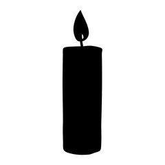 Silhouette of a lit candle with a burning flame against white background
