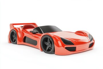A red car shaped bed with black wheels and a spoiler on a white background