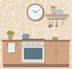 A flat vector illustration of a kitchen with an oven mits hanging on the wall and a white clock above it