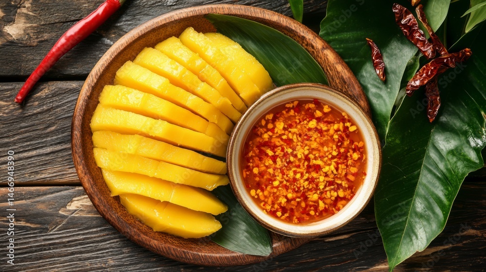 Aufkleber a rustic wooden table with a plate of sliced sour mangoes and a bowl of sweet fish sauce, garnished 