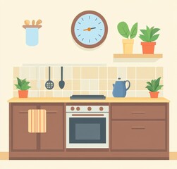 A flat vector illustration of a simple kitchen scene with brown cabinets