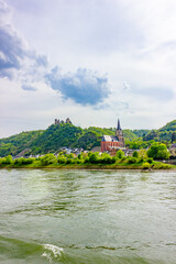 Liebfrauenkirche (Church of Our Lady) and Sch&ouml;nburg (Sch&ouml;nburg Castle) seen from a distance in Oberwesel, Germany