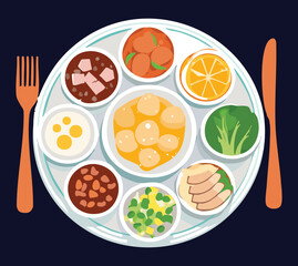 Balanced Meal Plate with Vegetables and Meat and Eggs and Fruits - Vector Illustration
