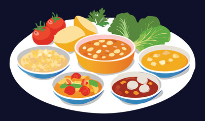 Healthy Meal with Soup and Vegetables and Side Dishes - Vector Illustration