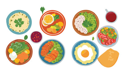 Set of Dishes with Noodles and Soup and Rice Bowls - Vector Illustration
