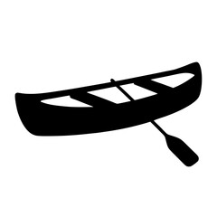 Black silhouette of a canoe with a paddle on a white background