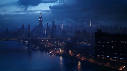 Fototapeta premium Dusk Falls Over City Buildings With Waterfront View High Resolution Picture