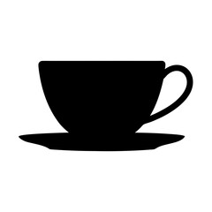 Minimalist silhouette of a cup and saucer, elegant black on white backdrop